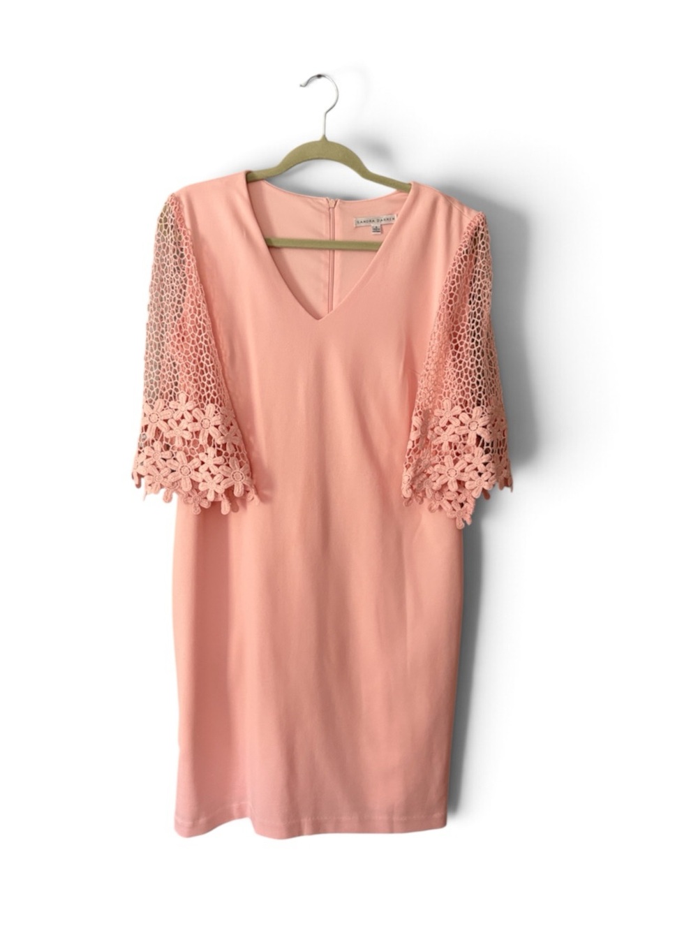 Sandra Darren Blush Pink Crochet Floral Lace Sleeve V-Neck Sheath Dress Size 6